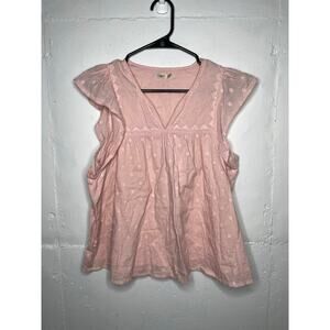 Faherty Womens Baby Pink Cotton Blouse Ruffle Short Sleeves Size Small